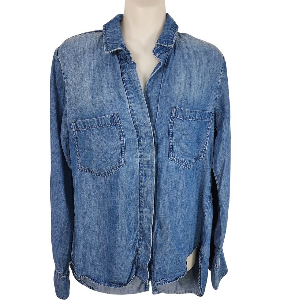 Cloth & Stone Womens Split Back Chambray Button Shirt Roll Tab Sleeve Tencel XS